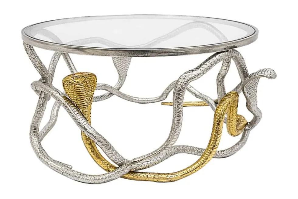 Runder Couchtisch SNAKE 70cm gold silber Metall Schlangen-Skulptur Glasplatte