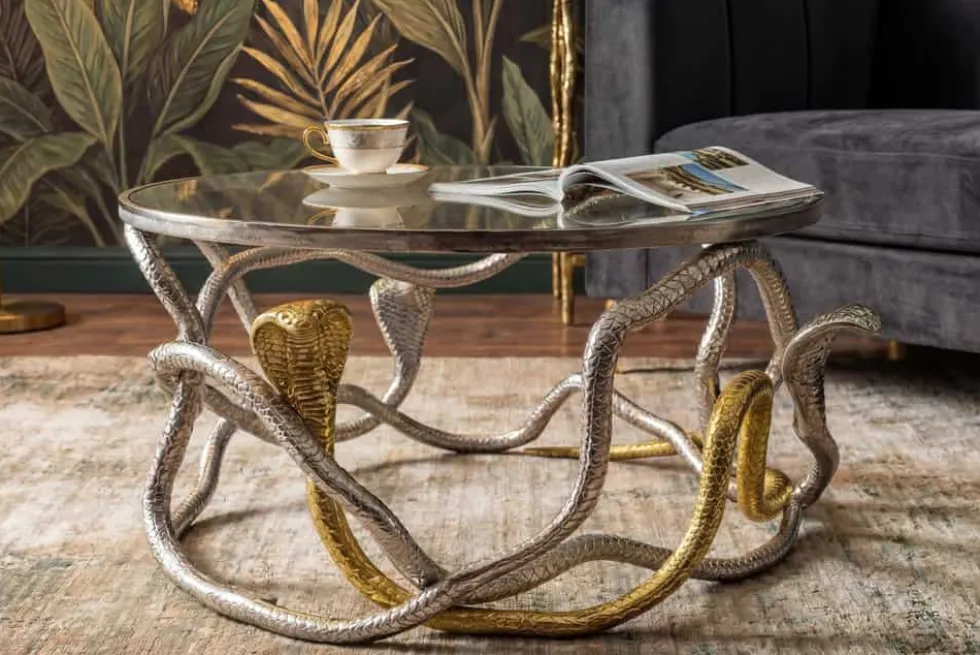 Runder Couchtisch SNAKE 70cm gold silber Metall Schlangen-Skulptur Glasplatte