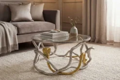 Runder Couchtisch SNAKE 70cm gold silber Metall Schlangen-Skulptur Glasplatte