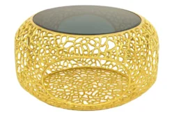 Runder Couchtisch SPIN 75cm gold Schwarzglas Metall mit Stauraum handmade