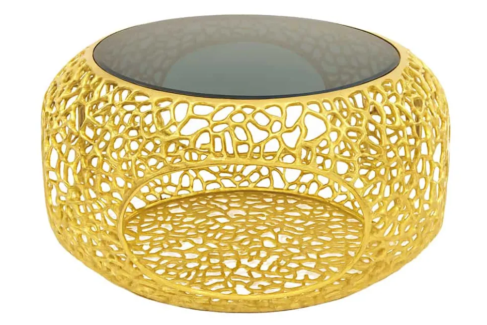 Runder Couchtisch SPIN 75cm gold Schwarzglas Metall mit Stauraum handmade