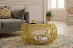 Runder Couchtisch SPIN 75cm gold Schwarzglas Metall mit Stauraum handmade