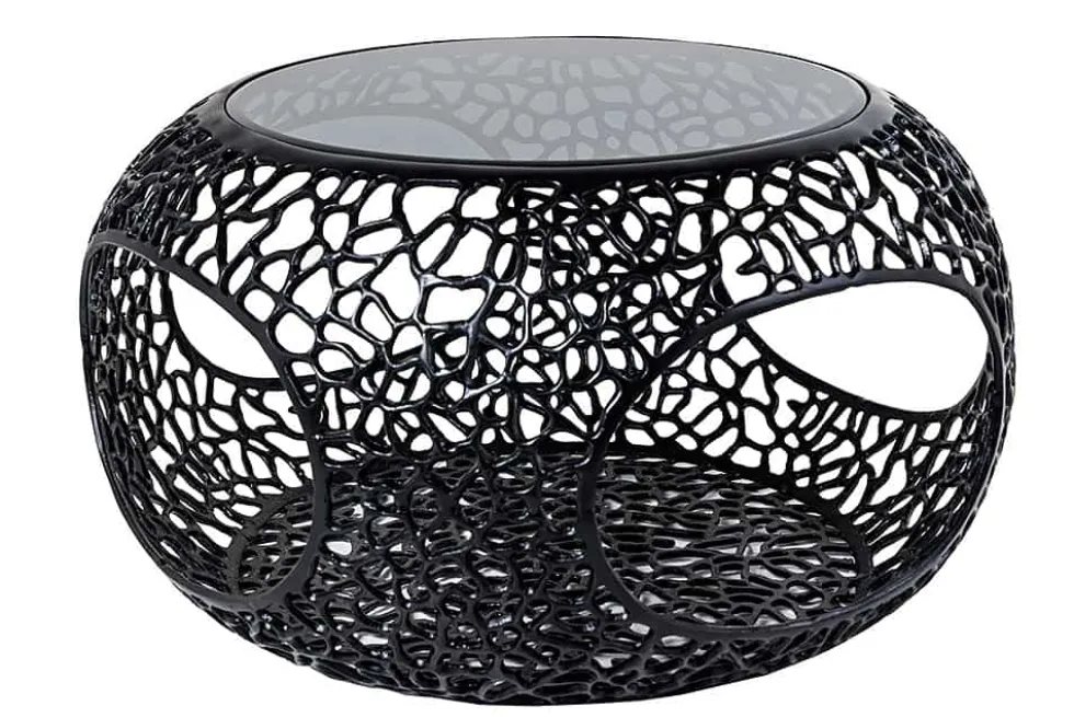 Runder Couchtisch SPIN 75cm schwarz Schwarzglas Metall mit Stauraum handmade