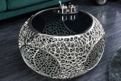 Runder Couchtisch SPIN 75cm silber Schwarzglas Metall mit Stauraum handmade