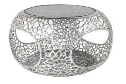 Runder Couchtisch SPIN 75cm silber Schwarzglas Metall mit Stauraum handmade