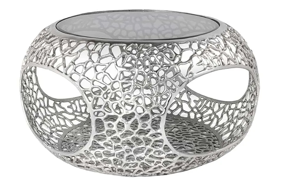 Runder Couchtisch SPIN 75cm silber Schwarzglas Metall mit Stauraum handmade