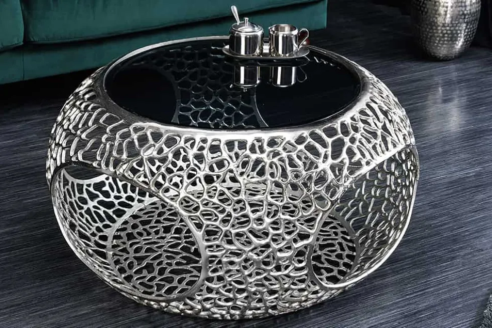 Runder Couchtisch SPIN 75cm silber Schwarzglas Metall mit Stauraum handmade