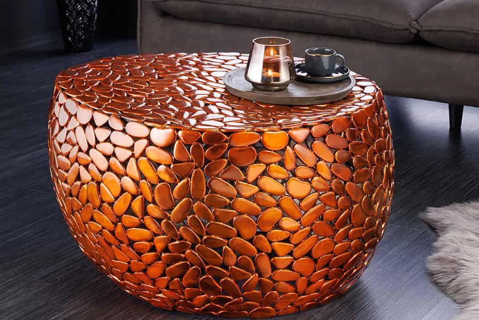 Runder Couchtisch STONE MOSAIC 75cm kupfer Metall Mosaik handmade