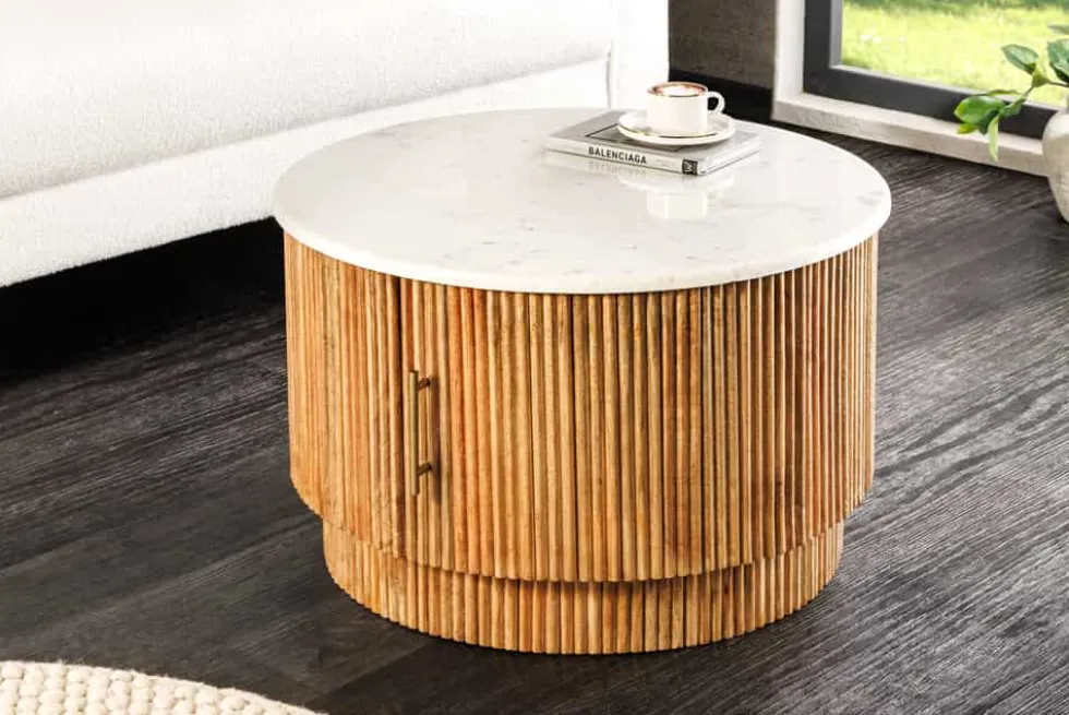 Runder Couchtisch TRES CHIC 60cm weiß Marmor natur Mangoholz mit Stauraum