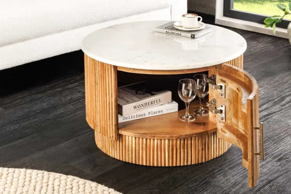 Runder Couchtisch TRES CHIC 60cm weiß Marmor natur Mangoholz mit Stauraum