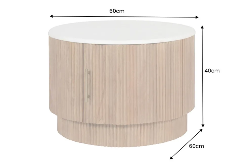 Runder Couchtisch TRES CHIC 60cm weiß Marmor natur Mangoholz mit Stauraum