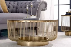 Runder Couchtisch VARIATION 80cm gold Metallgestell Schwarzglas Handarbeit