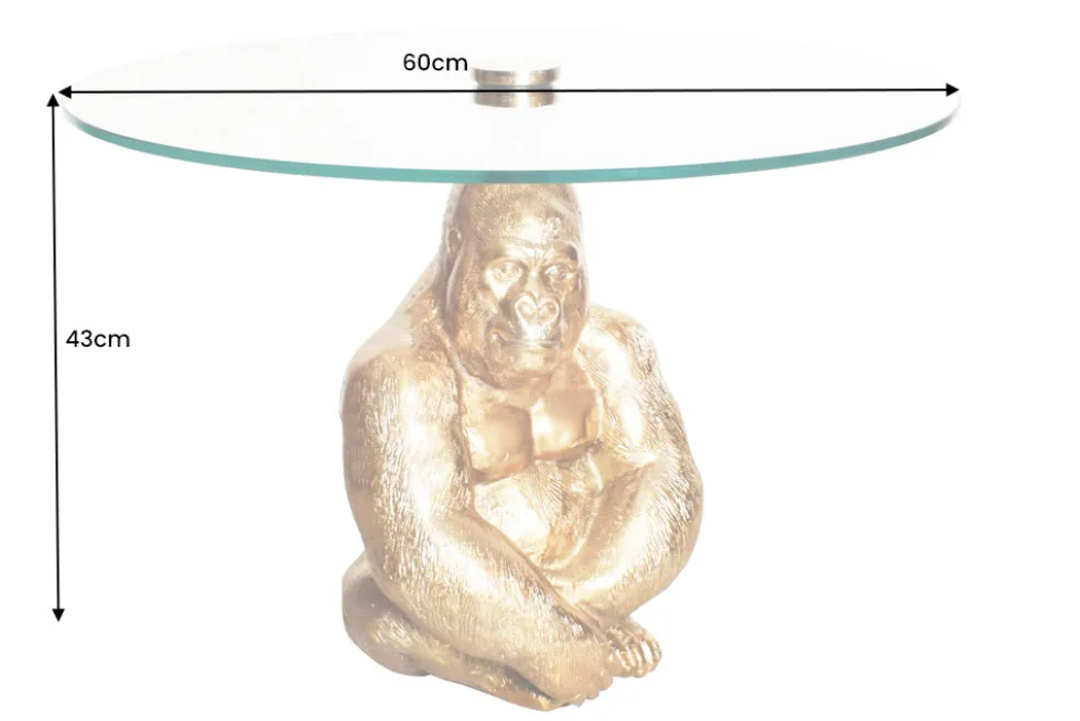 Runder Couchtisch WILDLIFE KONG 60cm gold Metall Glas Affenfigur Gorilla Skulptur handmade