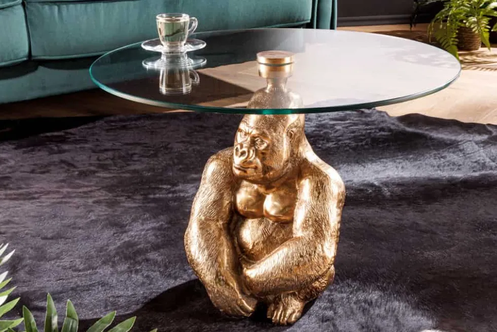 Runder Couchtisch WILDLIFE KONG 60cm gold Metall Glas Affenfigur Gorilla Skulptur handmade