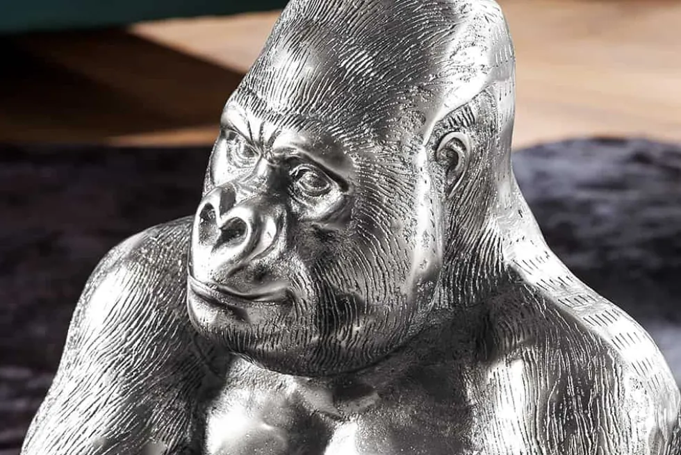Runder Couchtisch WILDLIFE KONG 60cm silber Metall Glas Affenfigur Gorilla Skulptur handmade