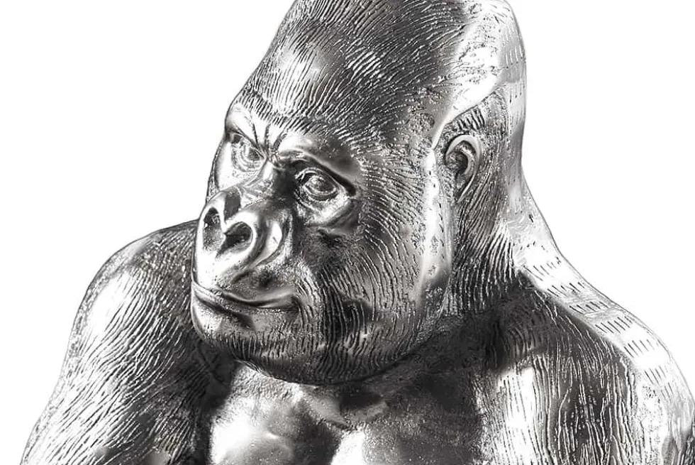 Runder Couchtisch WILDLIFE KONG 60cm silber Metall Glas Affenfigur Gorilla Skulptur handmade