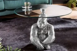 Runder Couchtisch WILDLIFE KONG 60cm silber Metall Glas Affenfigur Gorilla Skulptur handmade