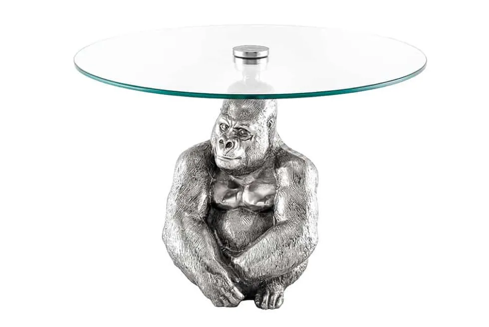 Runder Couchtisch WILDLIFE KONG 60cm silber Metall Glas Affenfigur Gorilla Skulptur handmade