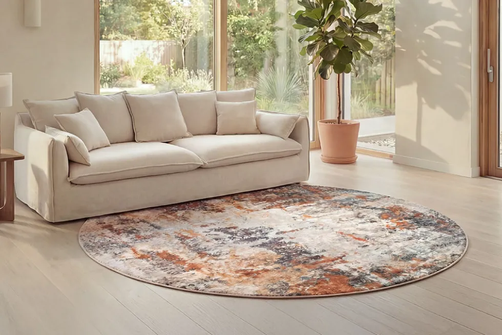 Runder Design Teppich MODERN ART 230cm beige grau kupfer Kurzflor Indoor