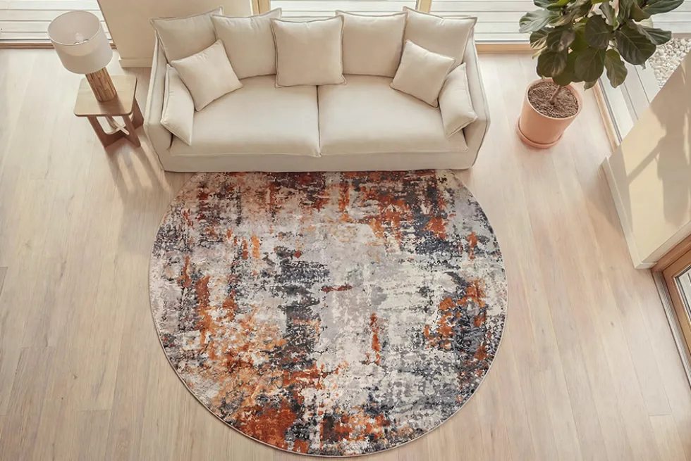 Runder Design Teppich MODERN ART 230cm beige grau kupfer Kurzflor Indoor