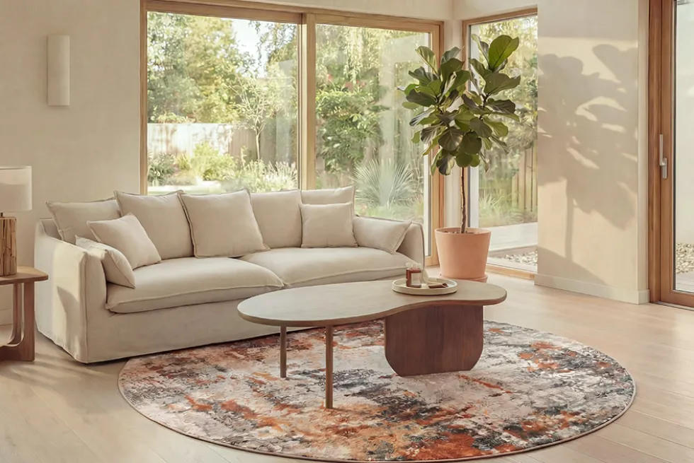Runder Design Teppich MODERN ART 230cm beige grau kupfer Kurzflor Indoor