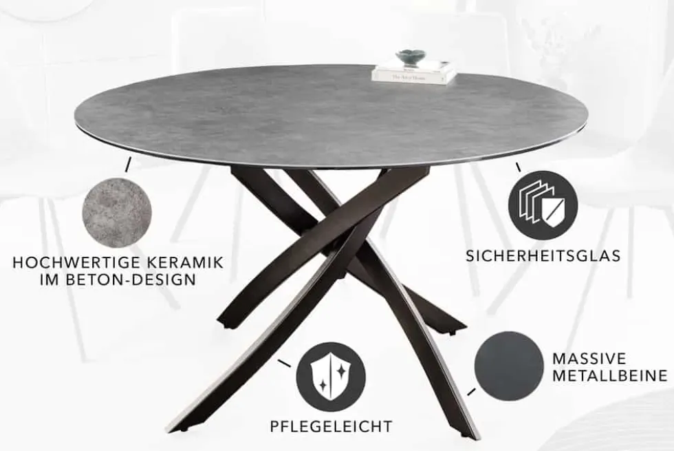 Runder Esstisch ALPINE 120cm anthrazit Keramik schwarzes Metallgestell