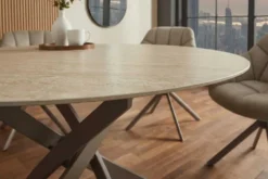 Runder Esstisch ALPINE 120cm natur Travertin Keramik champagner greige Metall