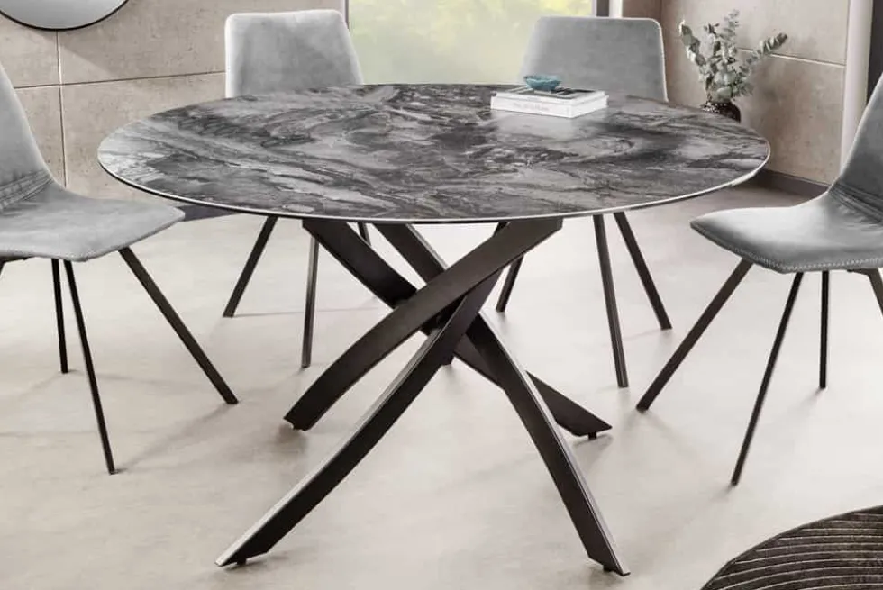 Runder Esstisch ALPINE 120cm taupe Keramik schwarzes Metallgestell