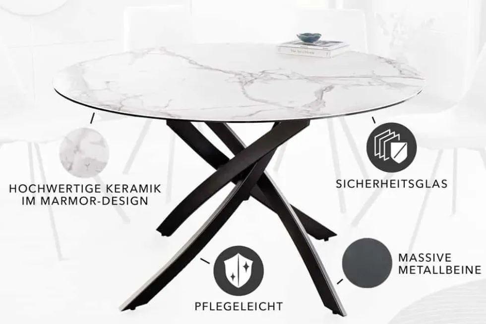 Runder Esstisch ALPINE 120cm weiß Marmor Keramik schwarzes Metallgestell