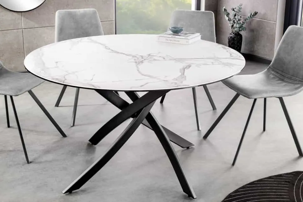 Runder Esstisch ALPINE 120cm weiß Marmor Keramik schwarzes Metallgestell