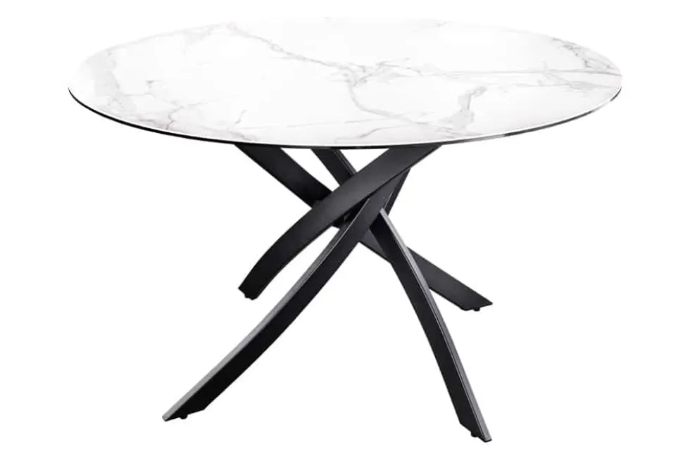 Runder Esstisch ALPINE 120cm weiß Marmor Keramik schwarzes Metallgestell