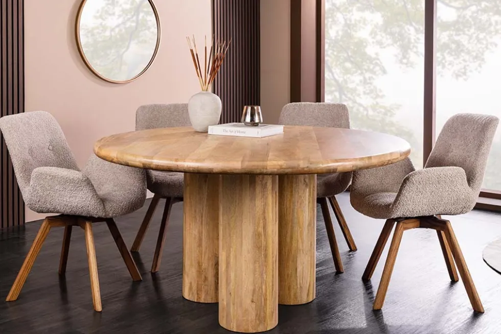Runder Esstisch ART DECO 140cm natur Mangoholz massiv mit Säulenfüßen