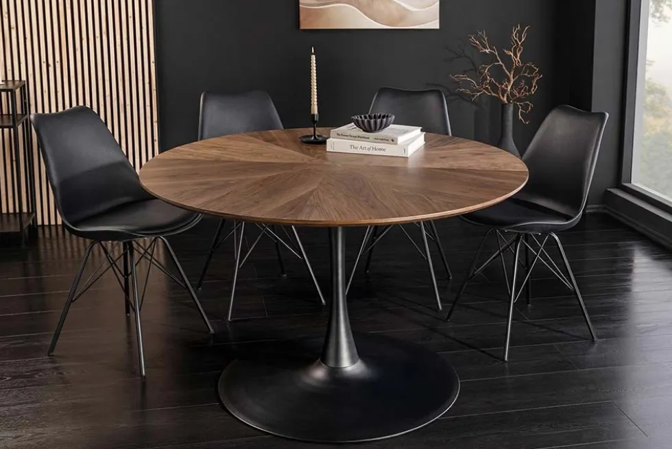 Runder Esstisch ATELIER 120cm braun Walnuss schwarzer Metall Säulenfuß