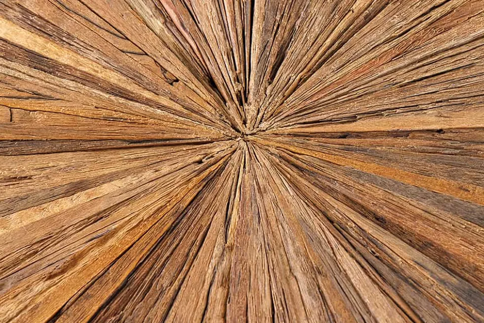 Runder Esstisch BARRACUDA 140cm braun Teak Massivholz Glas silber Edelstahl verchromt