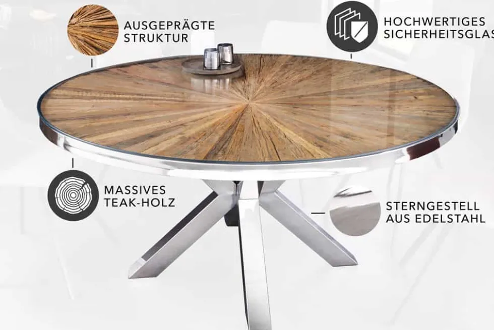 Runder Esstisch BARRACUDA 140cm braun Teak Massivholz Glas silber Edelstahl verchromt