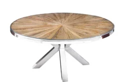 Runder Esstisch BARRACUDA 140cm braun Teak Massivholz Glas silber Edelstahl verchromt
