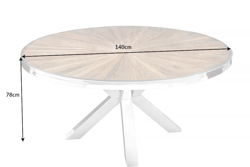 Runder Esstisch BARRACUDA 140cm braun Teak Massivholz Glas silber Edelstahl verchromt