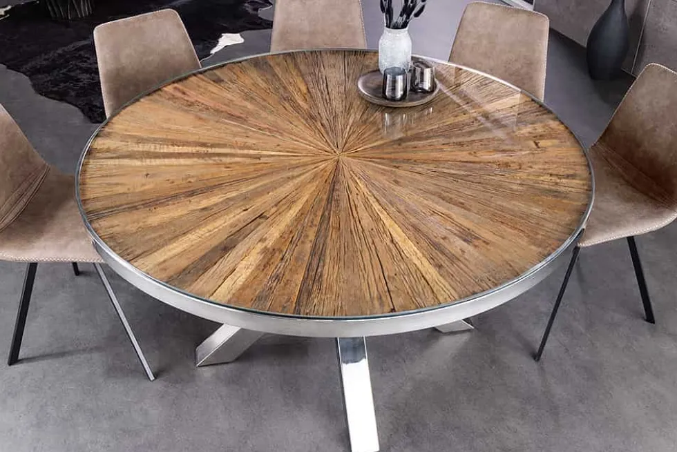 Runder Esstisch BARRACUDA 140cm braun Teak Massivholz Glas silber Edelstahl verchromt