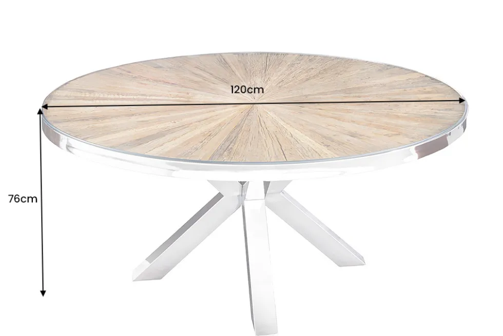 Runder Esstisch BARRACUDA 120cm braun Teak Massivholz Glasplatte silber Edelstahl verchromt