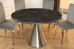 Runder Esstisch ELEGANCIA 130cm schwarz Marmor chrom Stahl mit Säulenfuß