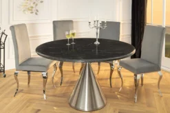 Runder Esstisch ELEGANCIA 130cm schwarz Marmor chrom Stahl mit Säulenfuß