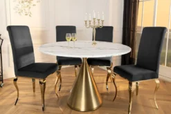 Runder Esstisch ELEGANCIA 130cm weiß Marmor gold Metall mit Säulenfuß