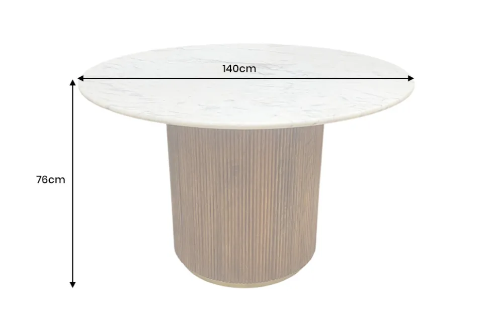 Runder Esstisch GATSBY 140cm braun gold Mangoholz weiße Marmorplatte Säulenfuß