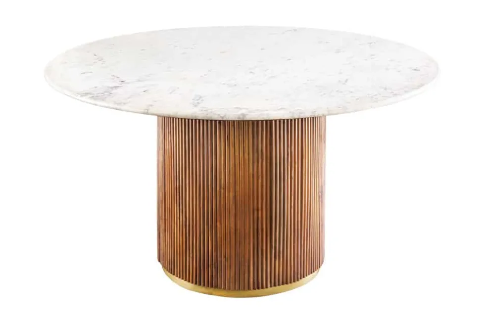 Runder Esstisch GATSBY 140cm braun gold Mangoholz weiße Marmorplatte Säulenfuß