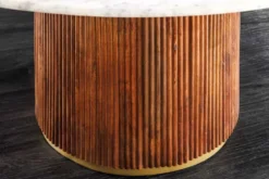 Runder Esstisch GATSBY 140cm braun gold Mangoholz weiße Marmorplatte Säulenfuß