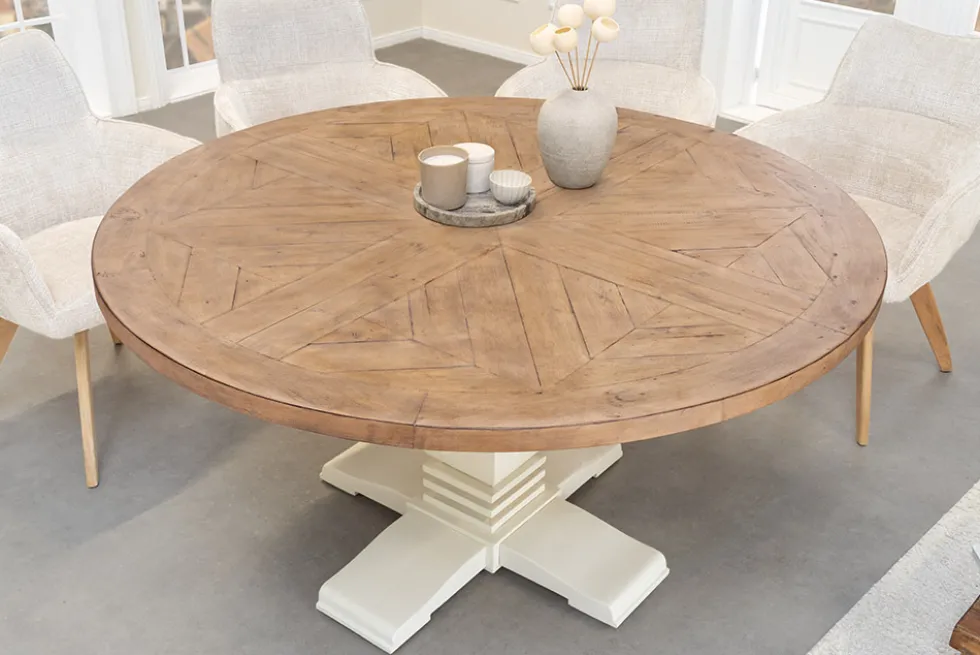 Runder Esstisch HAMPTONS 140cm hellbraun creme recycelte Pinie Massivholz