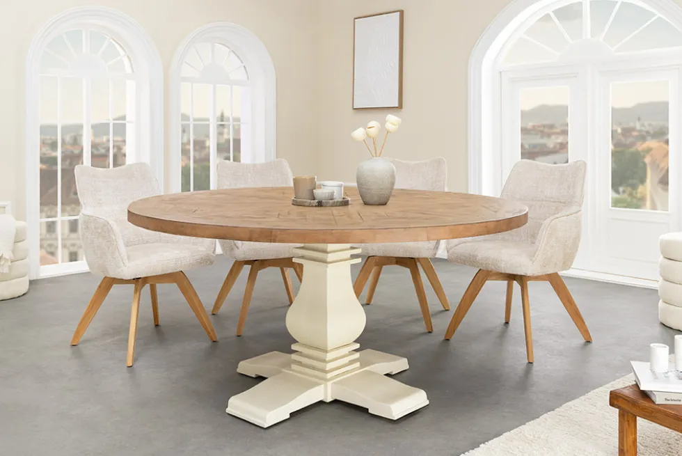 Runder Esstisch HAMPTONS 140cm hellbraun creme recycelte Pinie Massivholz
