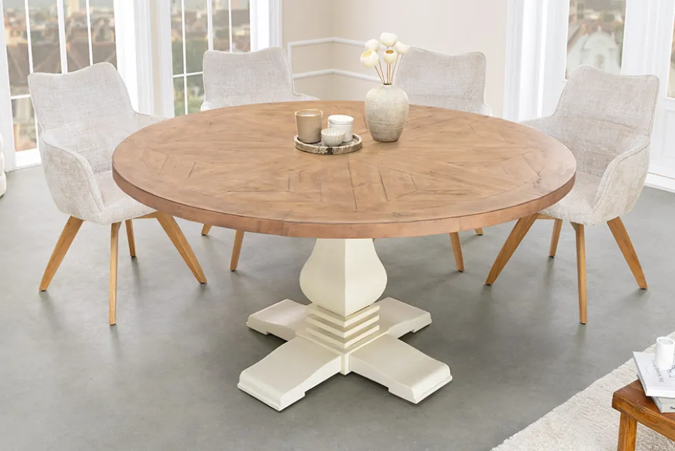 Runder Esstisch HAMPTONS 140cm hellbraun creme recycelte Pinie Massivholz