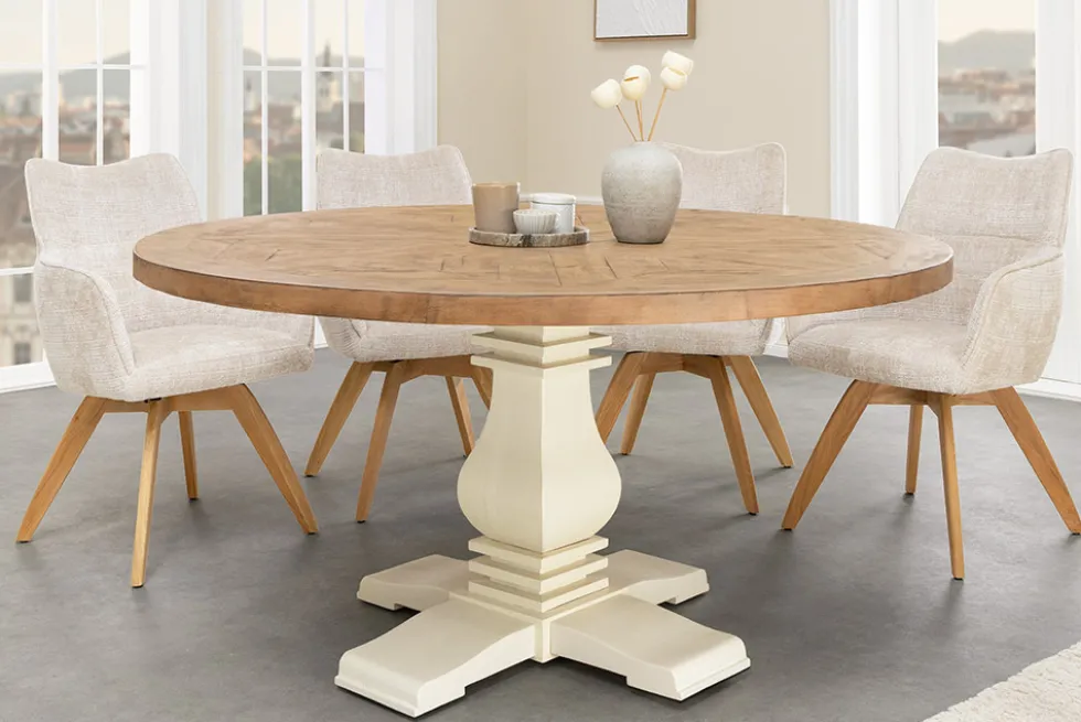 Runder Esstisch HAMPTONS 140cm hellbraun creme recycelte Pinie Massivholz