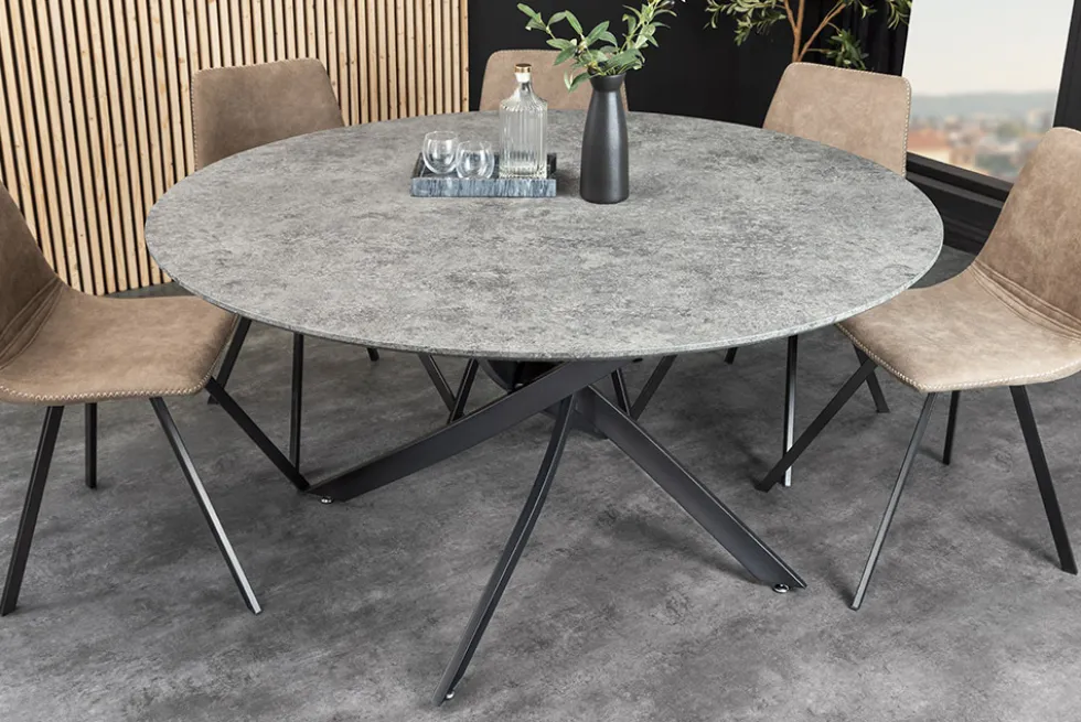 Runder Esstisch HELIX 120cm grau Beton-Design schwarze Metallbeine Sterngestell